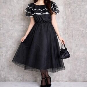 Vintage‎ 80s Joy Stevens Black Organza Ruffle Dress White Trim Midi 10 Cocktail